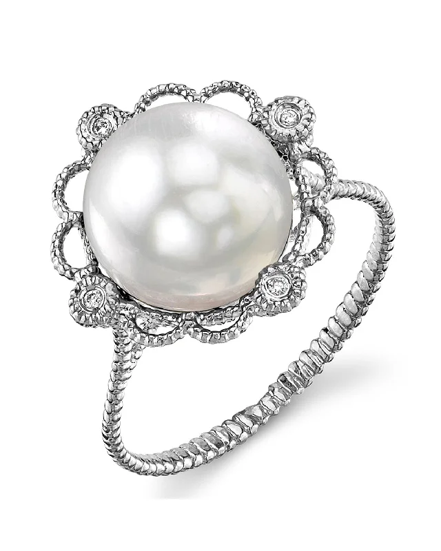 silver gemstone rings for women -White South Sea Pearl & Diamond Couronne Ring