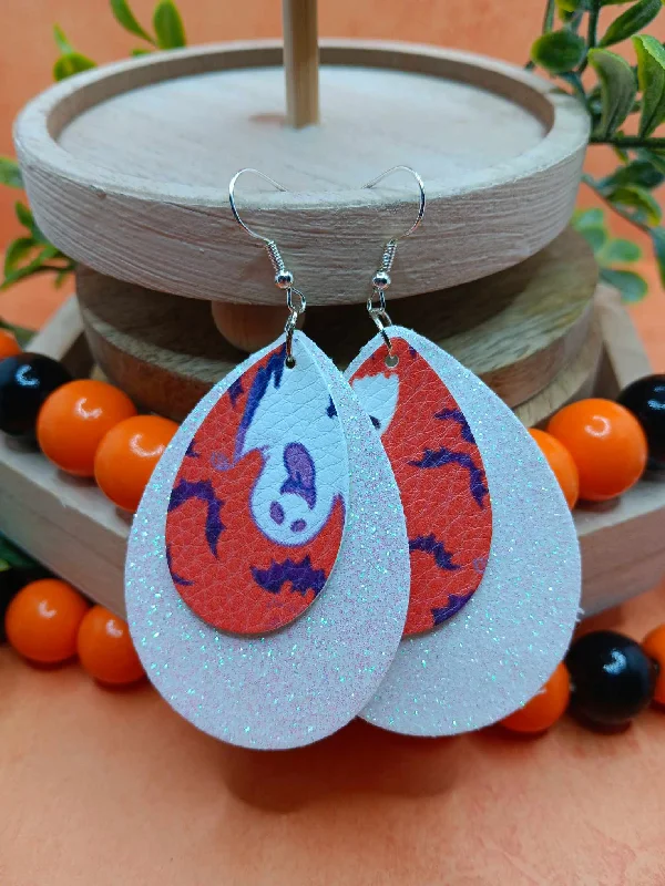 rose gold earrings for women -Double Layered White Glitter w/ Ghost Design Leather Style Earrings