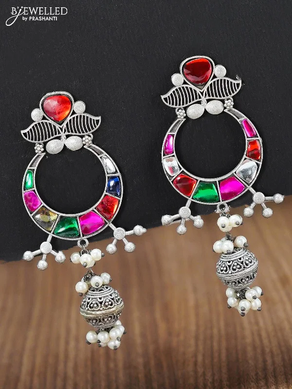 silver earrings for women -Oxidised chandbali earring with multicolour stone and pearl hangings