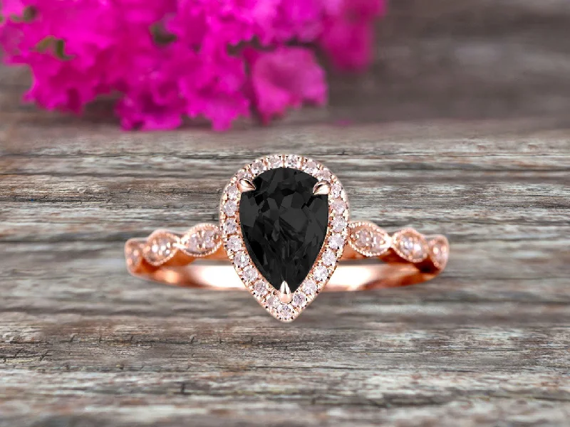 women’s engagement rings with diamonds -1.50 Carat Pear Shape Black Diamond Moissanite Engagement Ring Promise Ring Anniversary Ring On 10k Rose gold Art Deco Ring