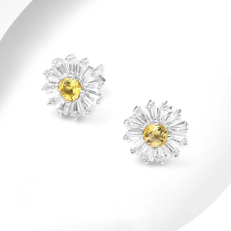 unique earrings for women -Chic Womens Daisy Shaped Citrine Stud Silver Earrings For Women