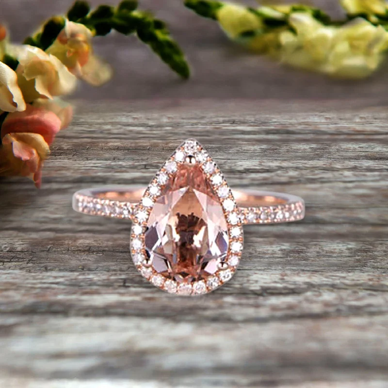 vintage-inspired engagement rings -1.50 Carat Pear Shaped Morganite Engagement Ring On 10k Rose Gold Halo Teardrop Design Anniversary Gift Personalized for Brides