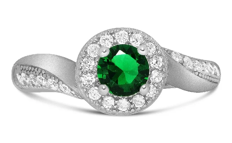 halo diamond engagement rings -Antique Designer 1 Carat Emerald and Moissanite Diamond Engagement Ring for Her in White Gold