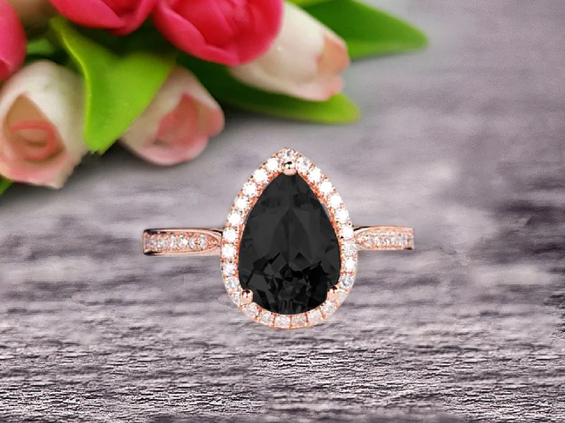 cubic zirconia engagement rings -Pear Shape 1.50 Carat Black Diamond Moissanite Engagement Ring On 10k Rose Gold Halo Wedding Anniversary Promise Bridal Eternity Ring