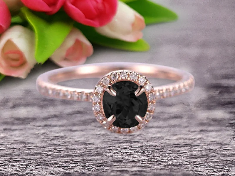 timeless engagement rings for women -Round Cut Gem Stone Black Diamond Moissanite Engagement Ring On 10k Rose Gold Wedding Ring Art Deco Personalized for Brides