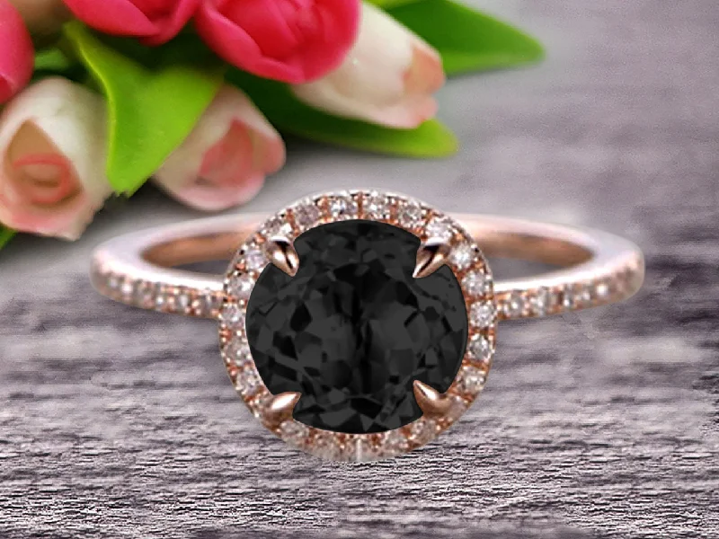 luxury engagement rings -Round Cut 1.50 Carat Black Diamond Moissanite Engagement Ring Wedding Ring On 10k Rose Gold Halo Art Deco Anniversary Gift