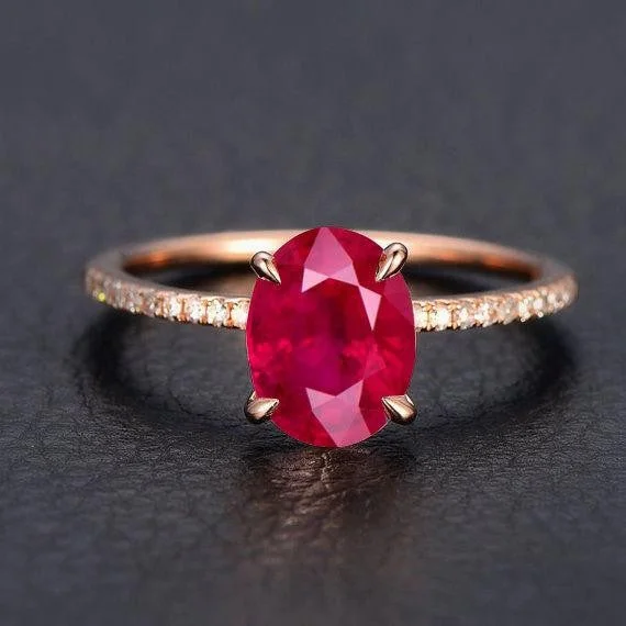 platinum diamond engagement rings -1.25 Carat Red Ruby and Moissanite Diamond Engagement Ring in 10k Rose Gold for her