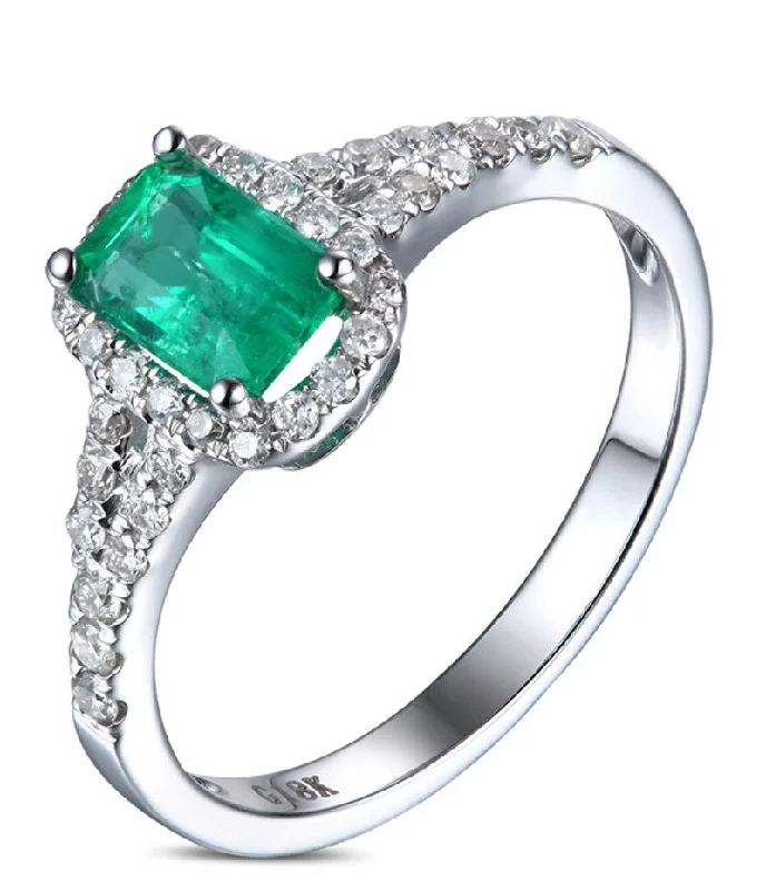 diamond cluster engagement rings -1.50 Carat Emerald and Moissanite Diamond Halo Engagement Ring in White Gold for Her