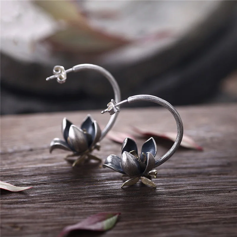 sapphire earrings for women -Flower Shaped Sterling Silver Stud Earrings Handmade Jewelry Gifts Accessories for Women