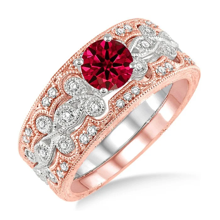 stackable engagement rings -1.5 Carat Ruby Vintage Trio Bridal Set Engagement Ring on 10k White Gold