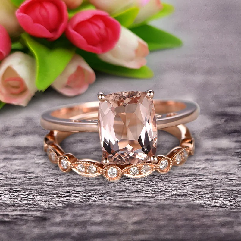 vintage inspired diamond engagement rings -1.25 Carat Cushion Cut Morganite Solitaire Engagement Ring With Matching Band On 10k Rose Gold Art Deco Shining Startling Ring Anniversary Gift