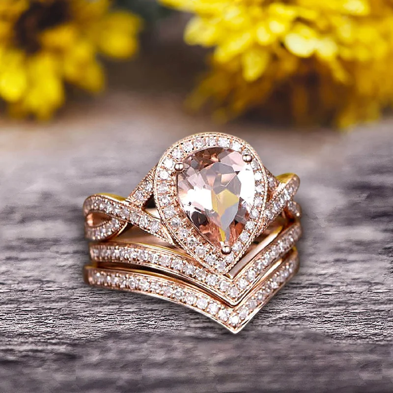 white gold engagement rings -Milgrain 10k Rose Gold 2.25 Carat Morganite Engagement Ring Trio Set Wedding Ring Pear Shape Pink Morganite Ring Curved V-Shape Stacking Matching Wedding Band Art Deco Halo Ring