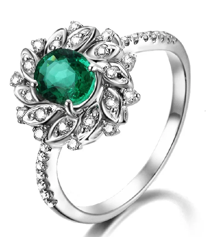 trendy engagement rings for women -Antique Floral 1.50 Carat Emerald and Moissanite Diamond Engagement Ring in White Gold