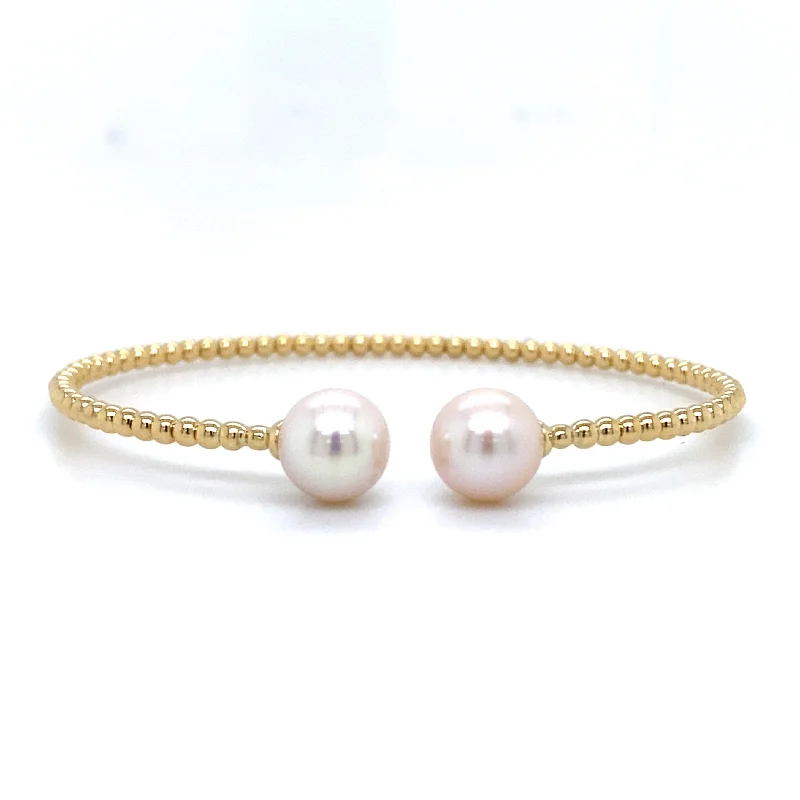 gold cuff bracelets for women -14k Yellow Gold Freshwater Pearl Bujukan Split Bangle Bracelet