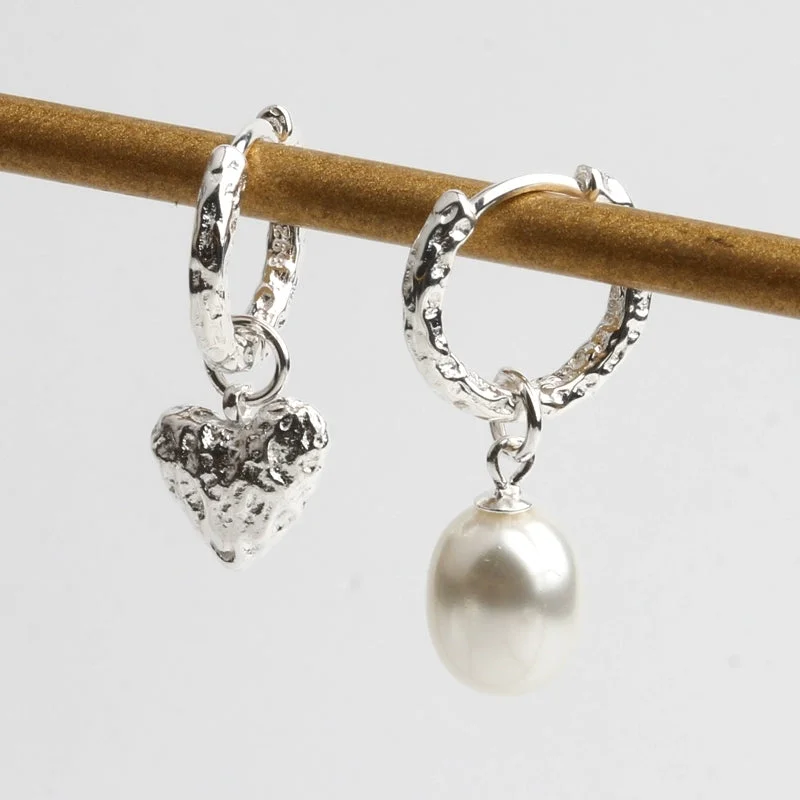 women’s designer earrings -Chic Sterling Silver Heart Earrings Synthetic Pearl Earrings Silver Drop