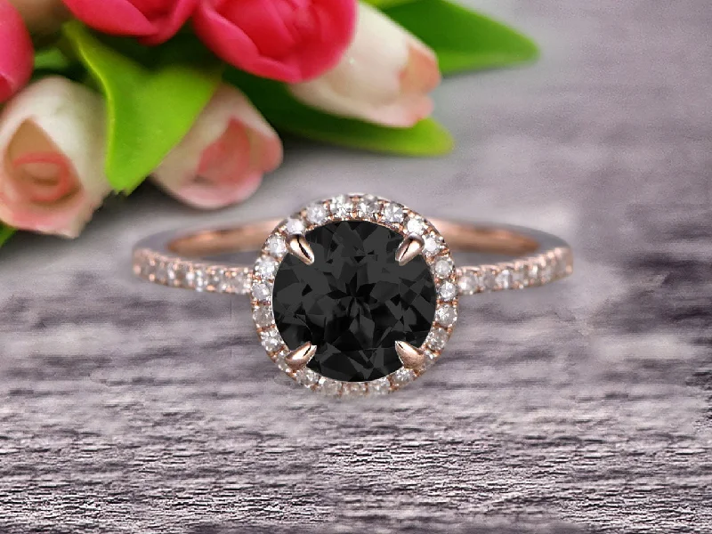 oval cut engagement rings for women -1.50 Carat Round Cut Black Diamond Moissanite Engagement Ring Wedding Anniversary Gift On 10k Rose Gold Halo Design