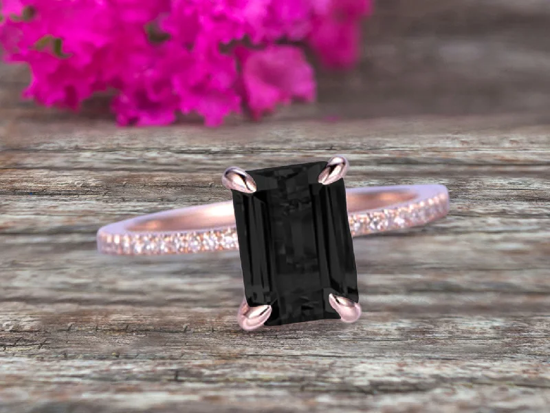 silver diamond engagement rings -1.25 Carat Emerald Cut Black Diamond Moissanite Engagement Ring Custom Ring 10K Black Diamond Moissanite Rose gold Ring