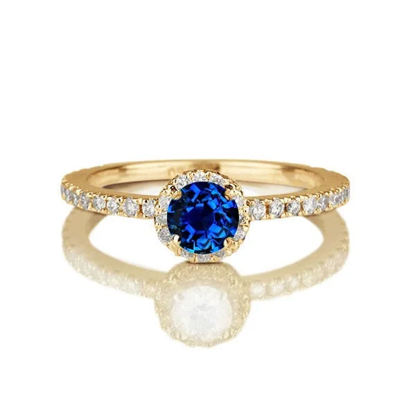 stackable engagement rings -1.50 carat Round Cut Sapphire and Moissanite Diamond Halo Engagement Ring in 10k yellow gold