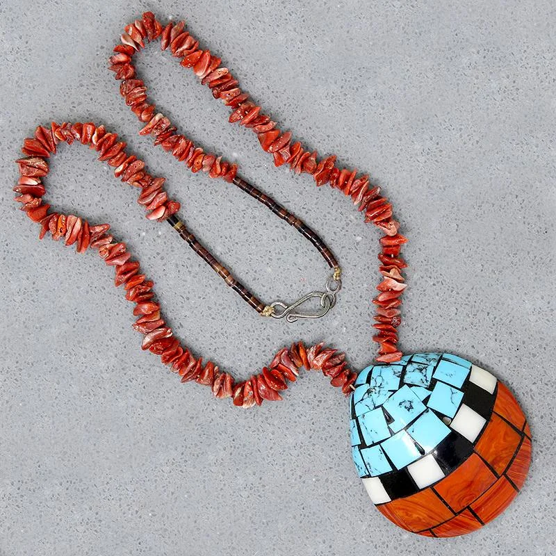 fashion necklaces for women -Pueblo Inlay Shell Pendant on Shell Tab Necklace