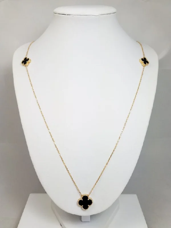 women’s pearl pendants -Statement-Making 31.5" Solid 18k Yellow Gold Natural Onyx Clover Necklace