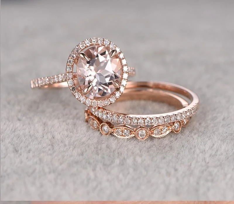 diamond cluster engagement rings -Sale 2 Carat Round Cut Morganite Ring Set in 10k Rose Gold With One Engagement Ring And 2 Wedding Bands