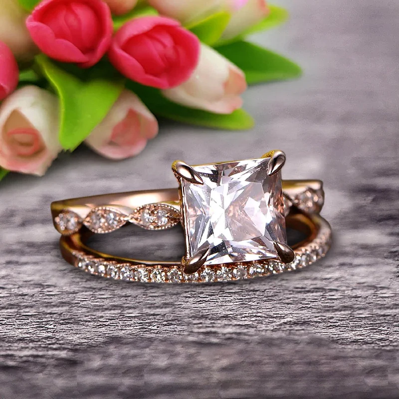 personalized engagement rings -1.50 Carat Princess Cut Morganite 10k Rose Gold Wedding Set Engagement Ring Art Deco Stacking Matching Wedding Band