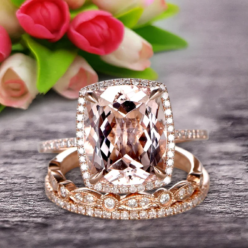 heart-shaped diamond engagement rings -Milgrain Art Deco 2 Carat Cushion Cut Gemstone Morganite Trio Set Wedding Ring Engagement Ring On 10k Rose Gold Anniversary Ring Surprisingly Ring