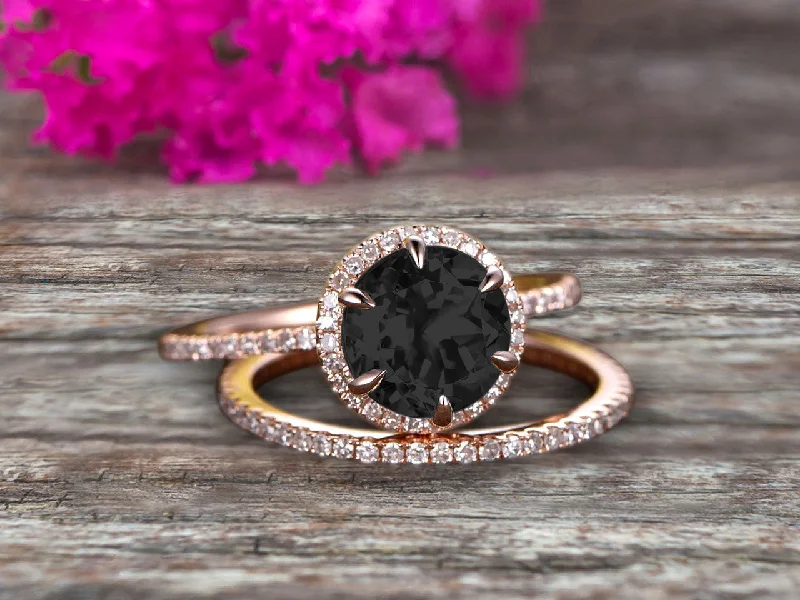 sapphire engagement rings for women -1.75 Carat Round Black Diamond Moissanite Bridal Set 10k Rose Gold Engagement Ring Halo Stacking Matching Band Promise Ring Anniversary Ring Surprisingly Ring