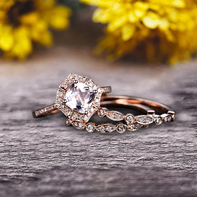 silver engagement rings -Morganite Engagement Ring On Solid 14k Rose gold Cushion Cut 2 Carat Trio Set Anniversary Ring Vintage Looking Halo