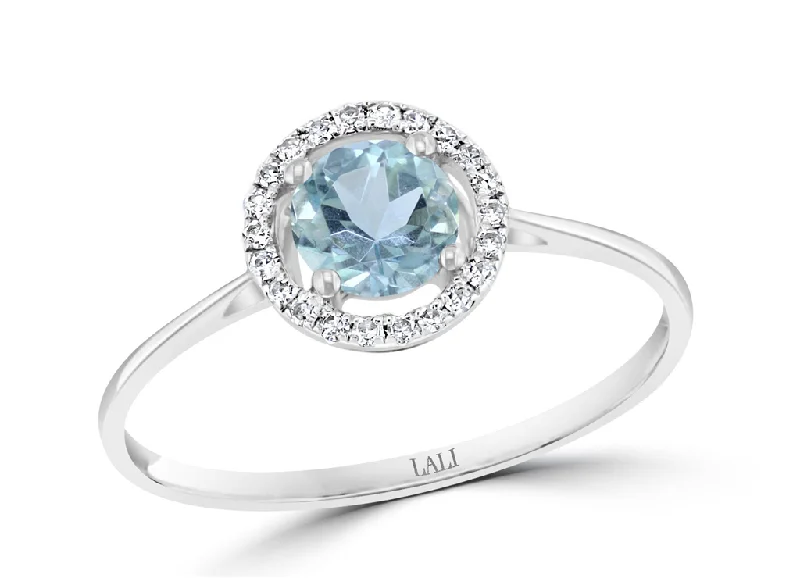 fashion rings for women -14K White Gold 0.52ctw Round Aquamarine & Diamond Halo Ring