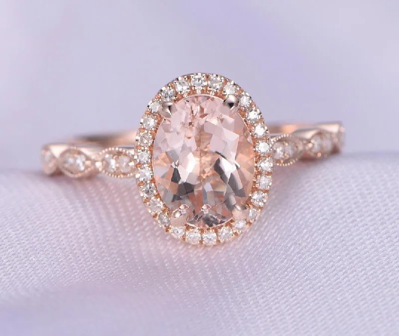 luxury gemstone engagement rings -Antique Design 1.25 Carat Oval Cut Peach Pink Morganite Engagement Ring With Moissanite Diamonds in 10k Rose Gold