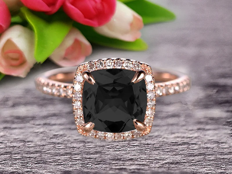 vintage engagement rings for women -1.75 Carat Cushion Cut Black Diamond Moissanite Engagement Ring Wedding Ring Promise Ring 10k Rose Gold Claw Prong Stacking Band Anniversary Gift