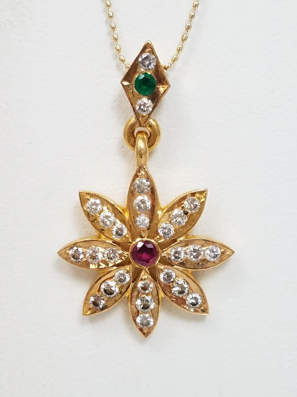 lucky charm necklaces for women -Stunning 21k Yellow Gold Natural Ruby Emerald Diamond Dangle Pendant