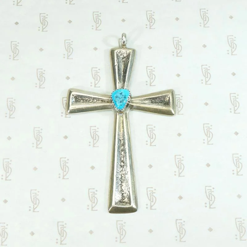 hand-crafted gold necklaces for women -Sand Cast Silver Cross with Kingman Turquoise