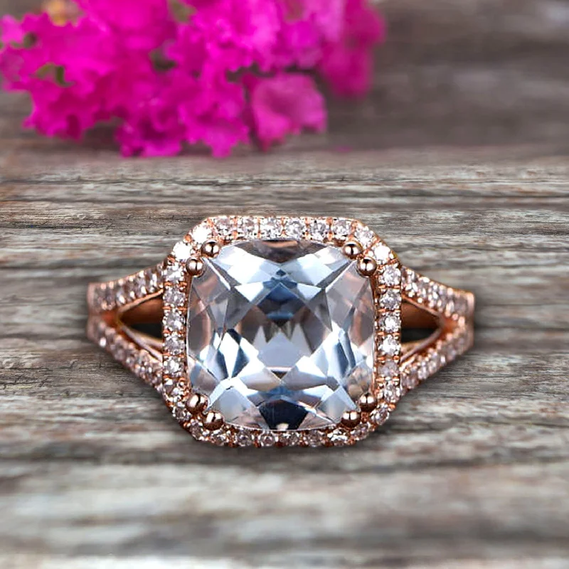 two-tone engagement rings -1.50 Carat Aquamarine Engagement Ring On 10k Rose Gold Anniversary Ring HALO Cushion Aquamarine