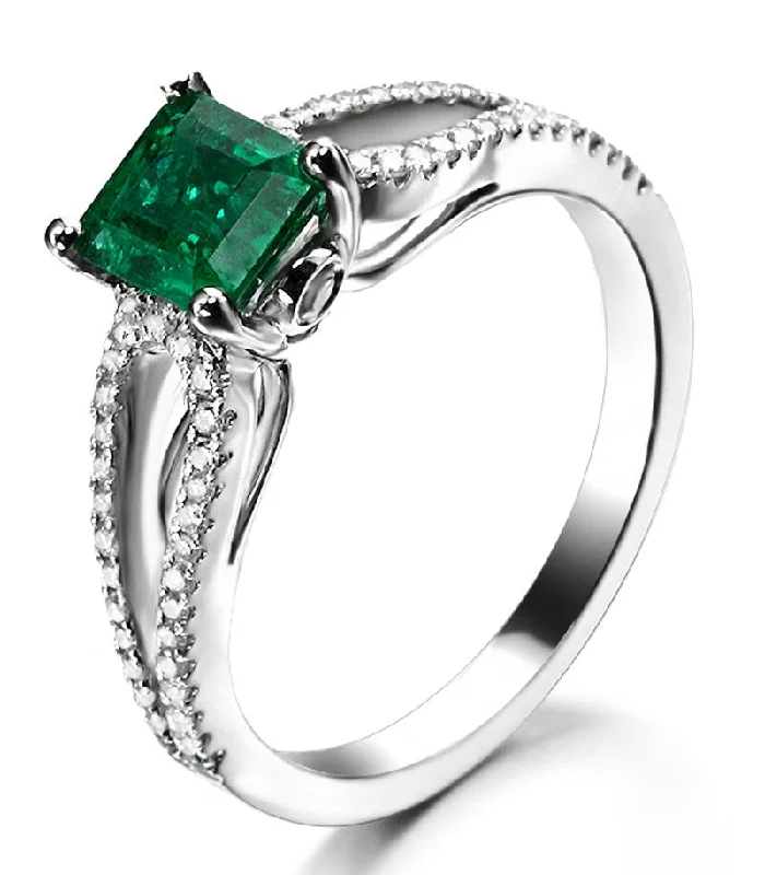 gemstone engagement rings for women -Perfect twin row 2 Carat Princess cut Emerald and Moissanite Diamond Engagement Ring in White Gold