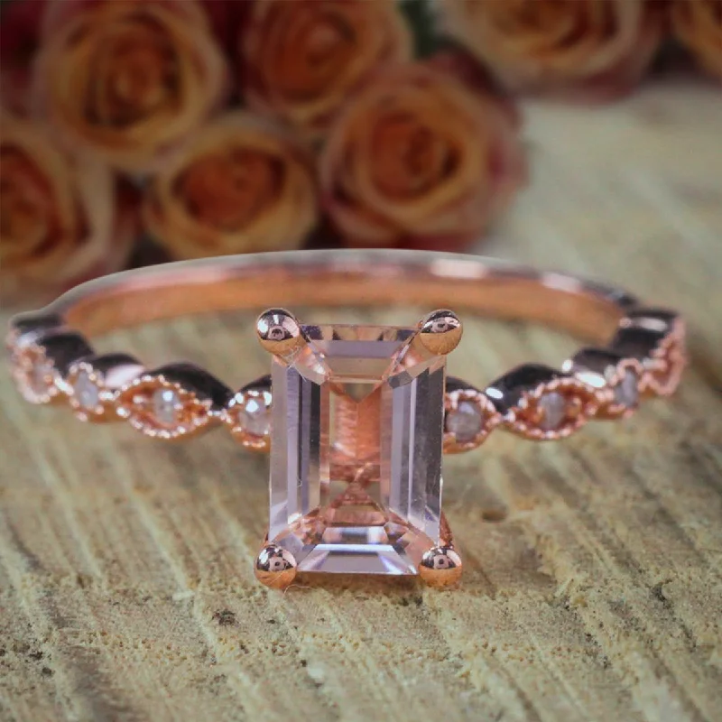 customized engagement rings -Limited Time Sale 1.25 Carat Emerald Cut Real Morganite And Diamond Moissanite Engagement Ring in 10k Rose Gold