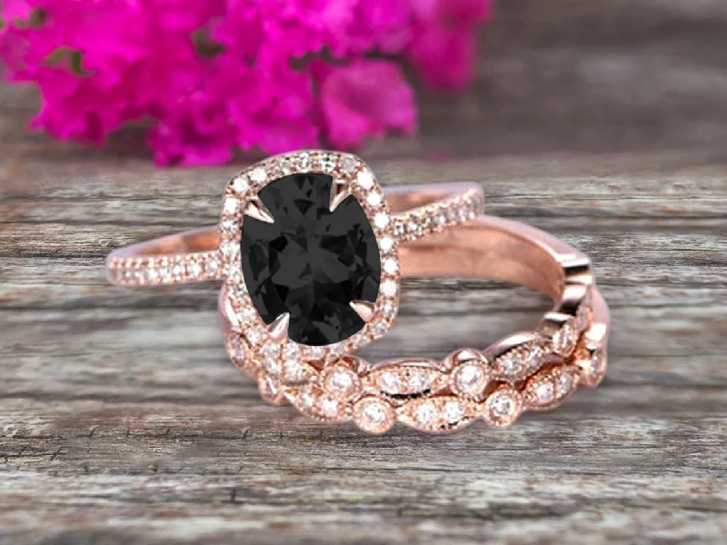 vintage style engagement rings -2 Carat Oval Cut Black Diamond Moissanite Engagement Ring 10k Rose Gold With Art Deco Vintage Looking Matching Wedding Band