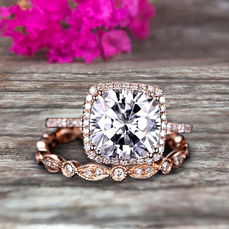 unique sapphire engagement rings -1.75 carat Classic Cushion Moissanite Diamond wedding Bands Engagement Ring on 10k Rose Gold