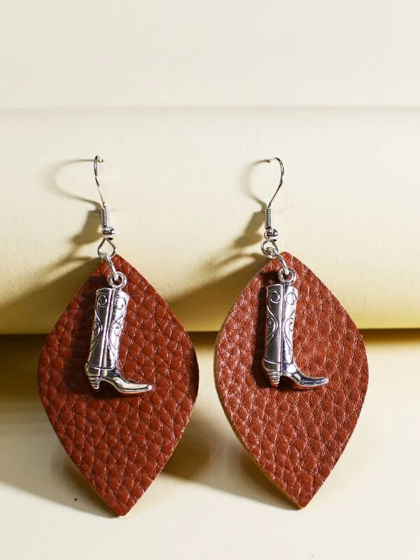 personalized earrings for women -Brown Leather Style Earrings w/ Boot Charm