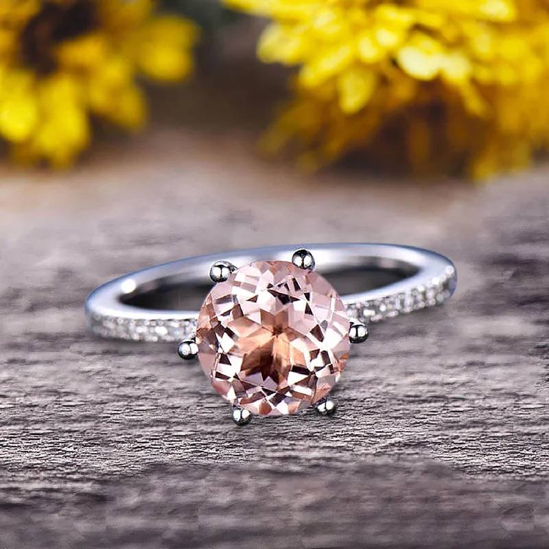 romantic engagement rings for women -Round Morganite 1.5 Carat Engagement Ring Solid 10k Rose Gold Wedding Ring basket underneath Halo Pink Gemstone Promise Ring for Bride