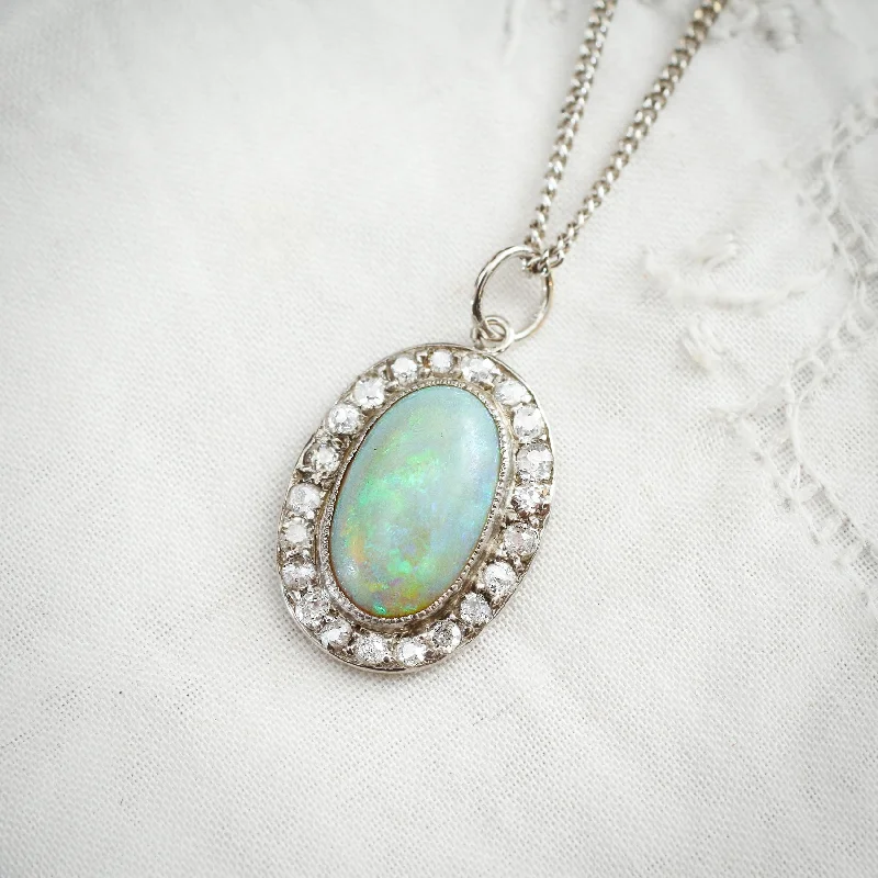 layered chain necklaces for women -Rare Lovely! Vintage Crystal Opal and Diamond Cluster Pendant