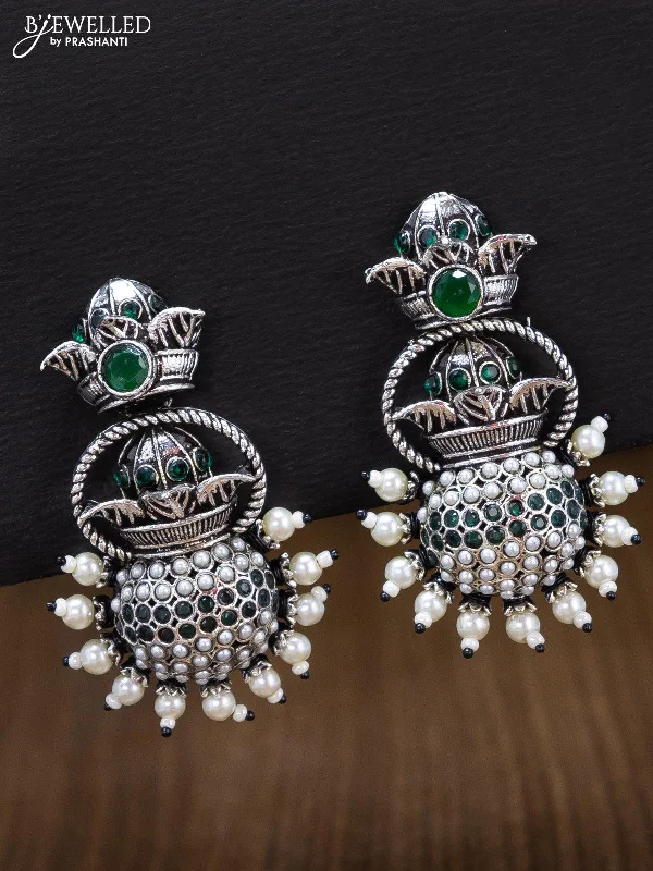 women’s crystal stud earrings -Oxidised earring with emerald stones and pearl