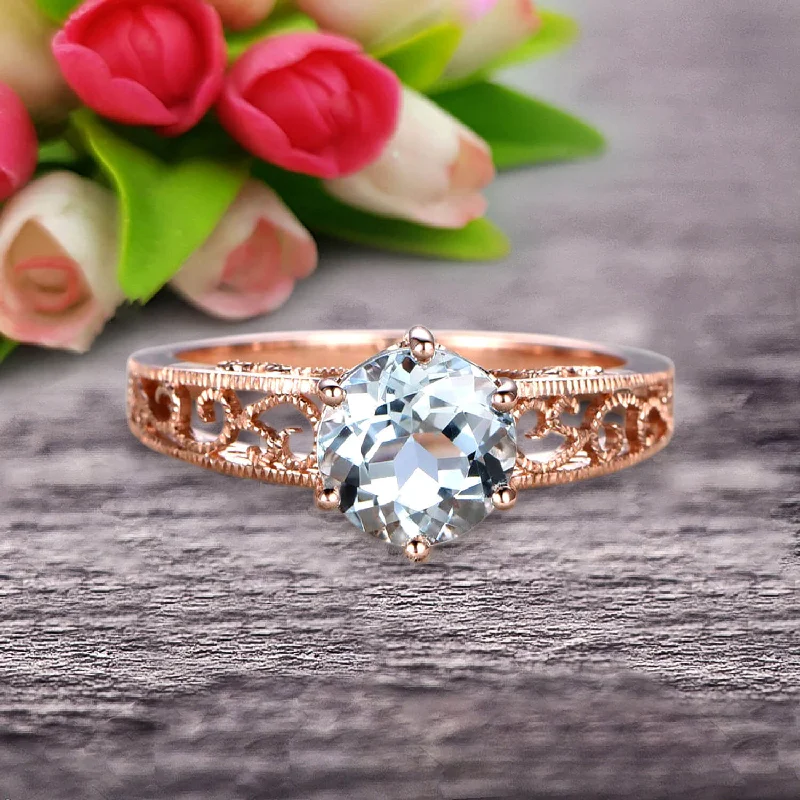 women’s engagement rings with diamonds -Round Cut 1.50 Carat Aquamarine Engagement Ring Anniversary Gift 10k Rose Gold Art Deco