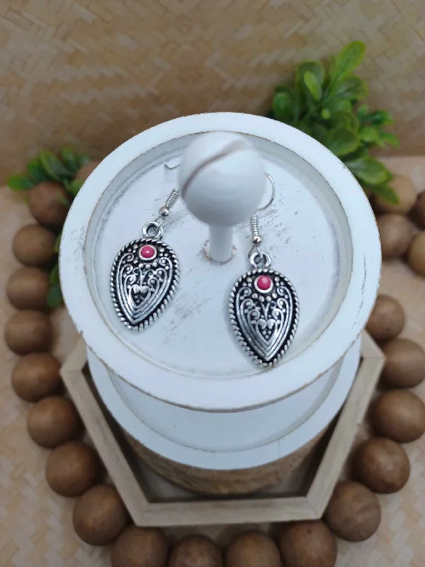 artistic earrings for women -Silver Aztec Style Earrings w/ Pink Accents