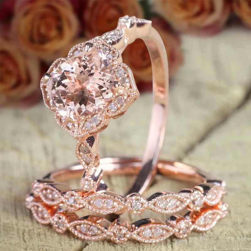 large diamond engagement rings -Cushion Cut 2.25 Carat Morganite And Diamond Moissanite Trio Bridal Ring Set 10k Rose Gold 1 Engagement Ring 2 Wedding Bands