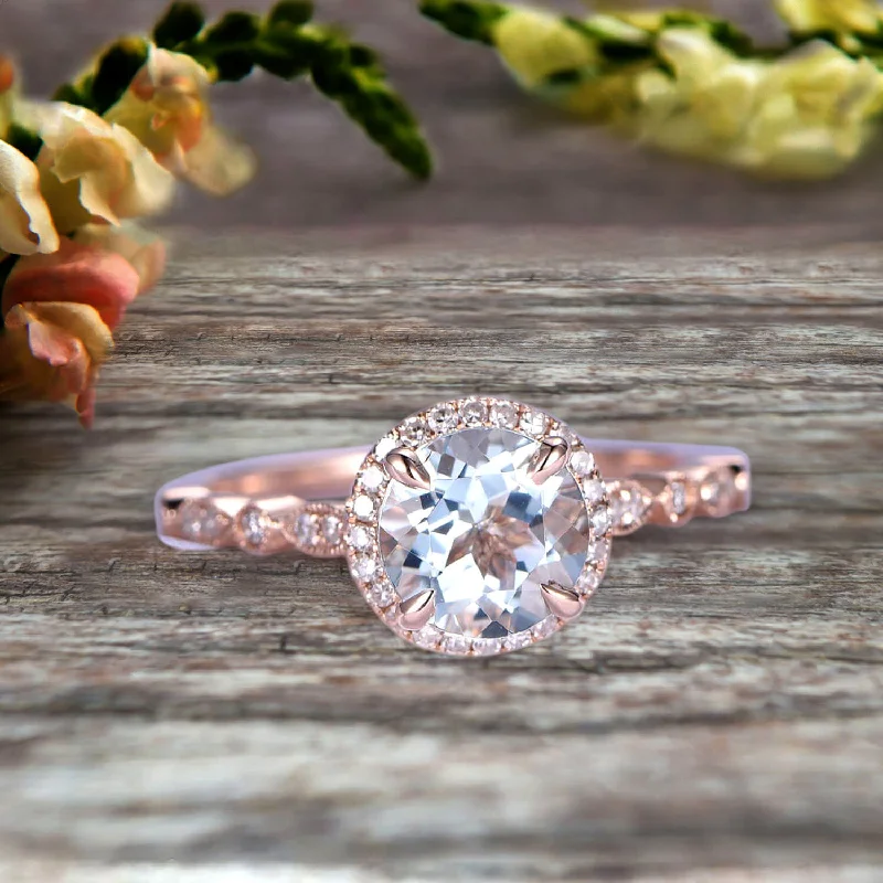 yellow gold engagement rings -1.50 Carat Wedding Ring Aquamarine Engagement Ring Round Cut Art Deco 10k Rose Gold Halo Design Anniversary Gift Personalized for Brides