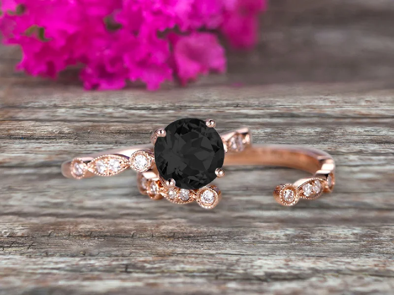 statement engagement rings -Vintage Looking 10k Rose Gold 1.50 Carat Round Cut Black Diamond Moissanite Engagement Rings With Unique Matching Wedding Band Art Deco