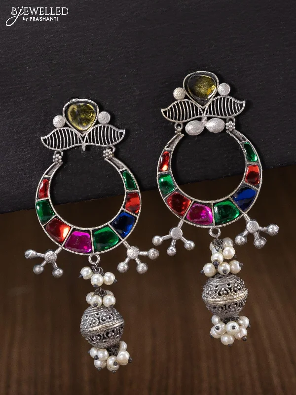 pearl earrings for women -Oxidised chandbali earring with multicolour stone and pearl hangings