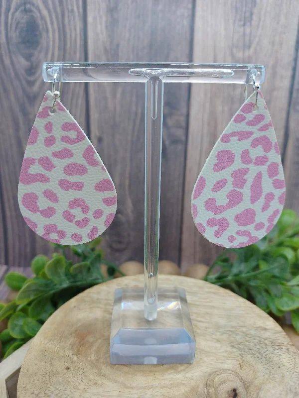 artistic gold earrings for women -Pink Cow Print Leather Style Earrings